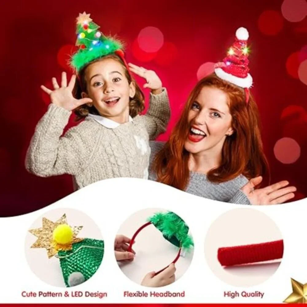 2 Pcs Lighted Christmas Headbands with LED lights‎ in Springy Santa Hat& Christm